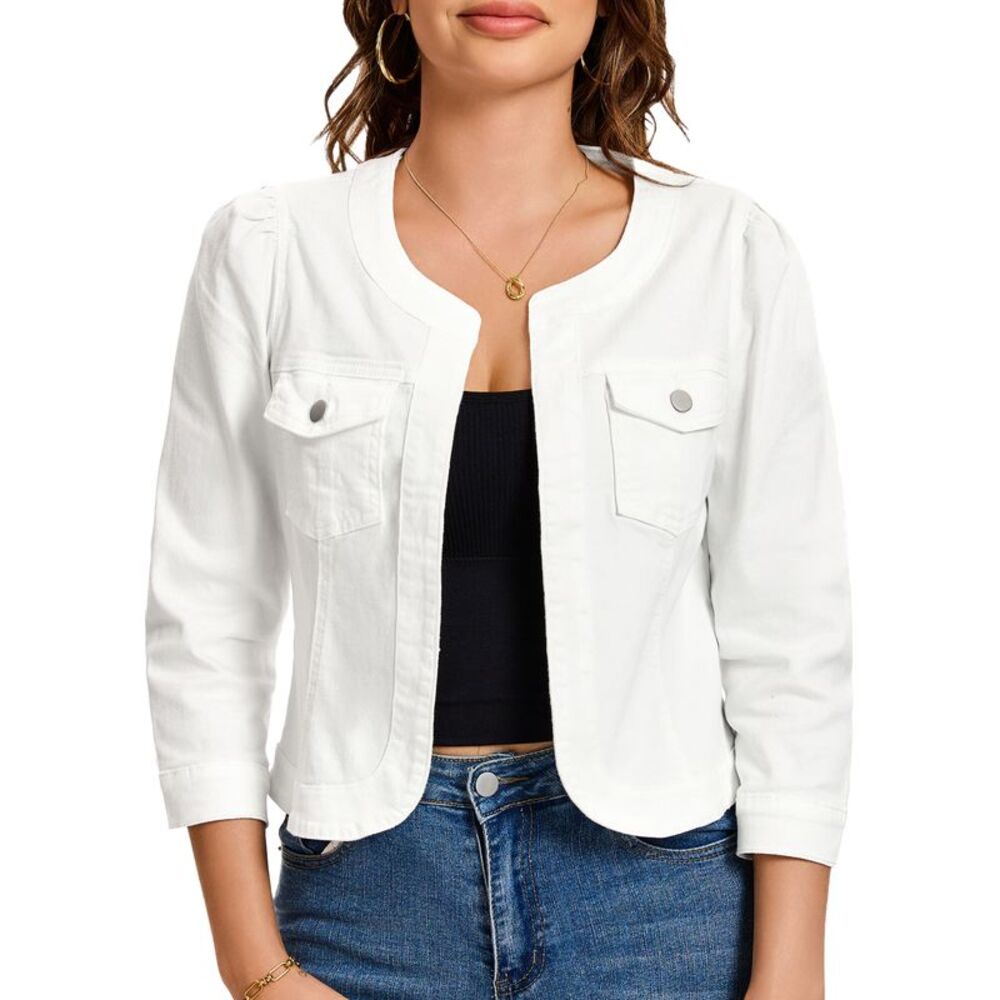 Women's 3/4 Sleeve Collarless Denim Jacket White